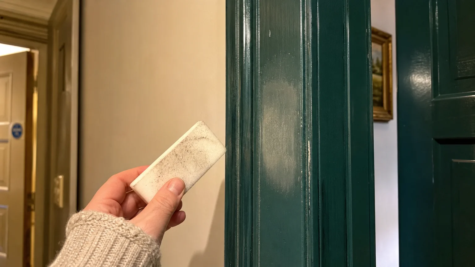 A person holding a melamine sponge next to a shiny door frame with a dull, scrubbed patch.