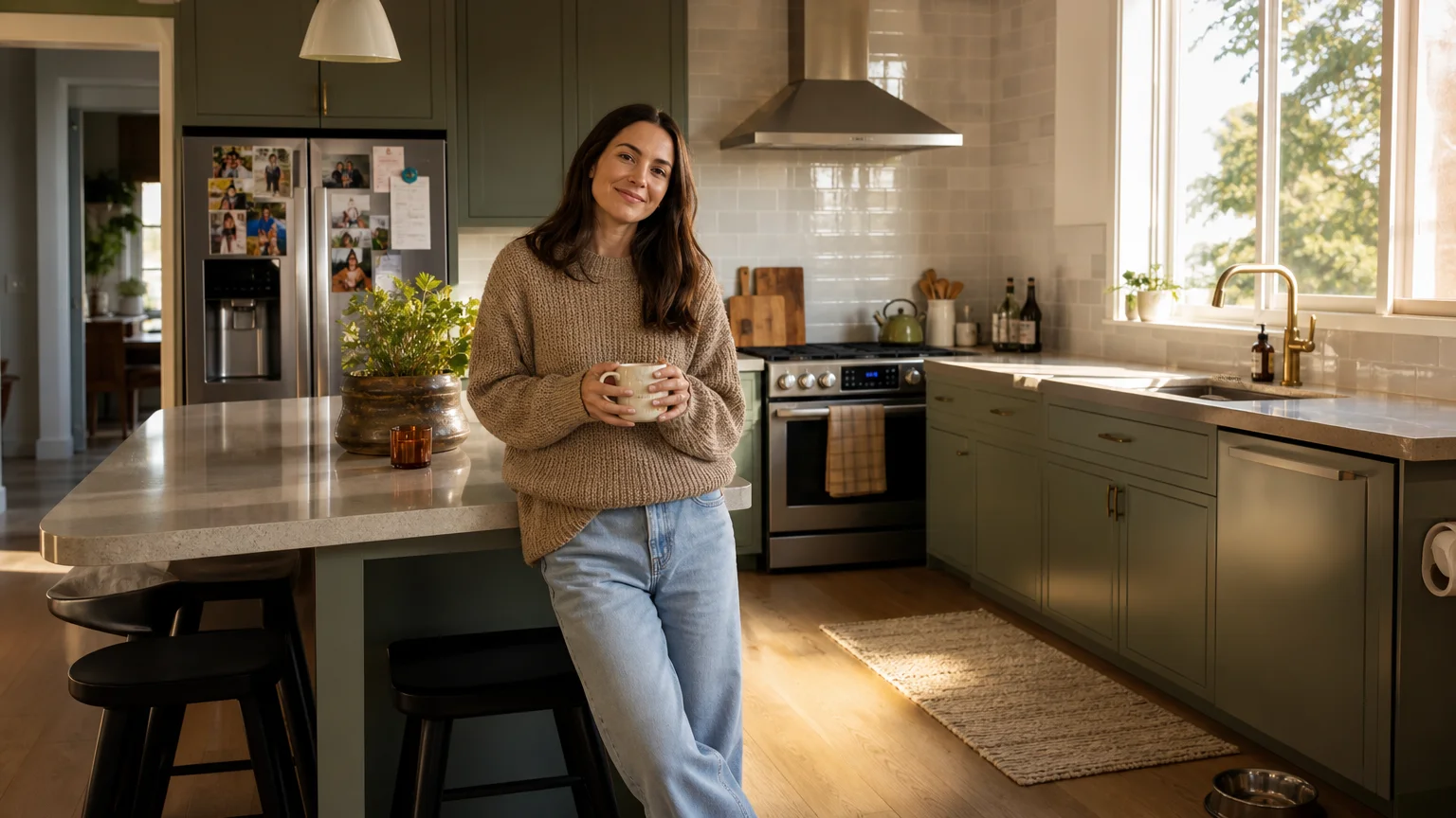 A person in a cozy sweater happily holding a mug in their clean, sunlit kitchen with a spotless modern backsplash.