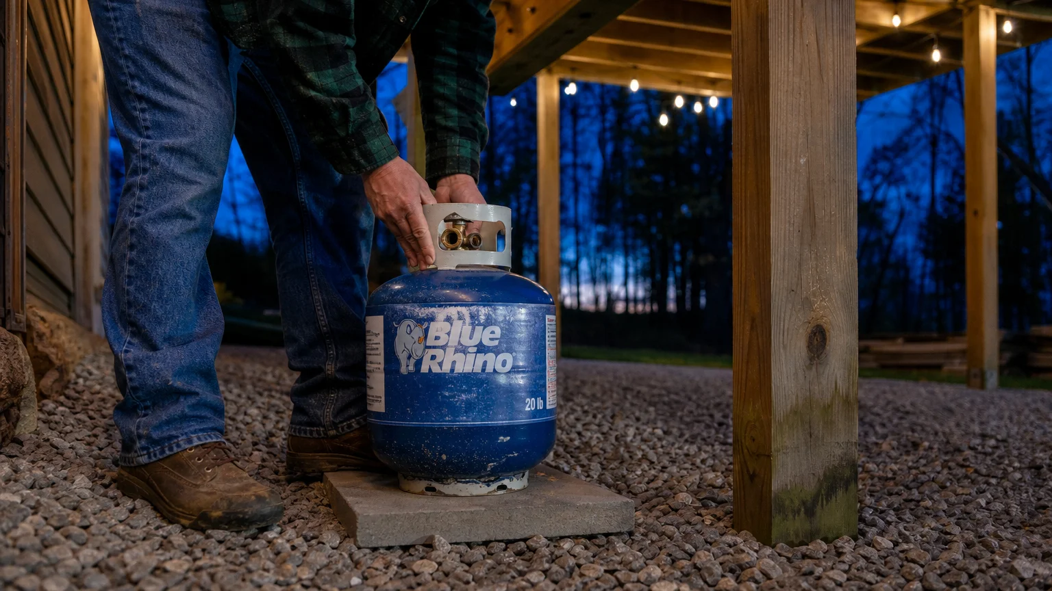 A person placing a blue propane tank on a gravel pad outdoors under a deck, showing safe storage away from the house.