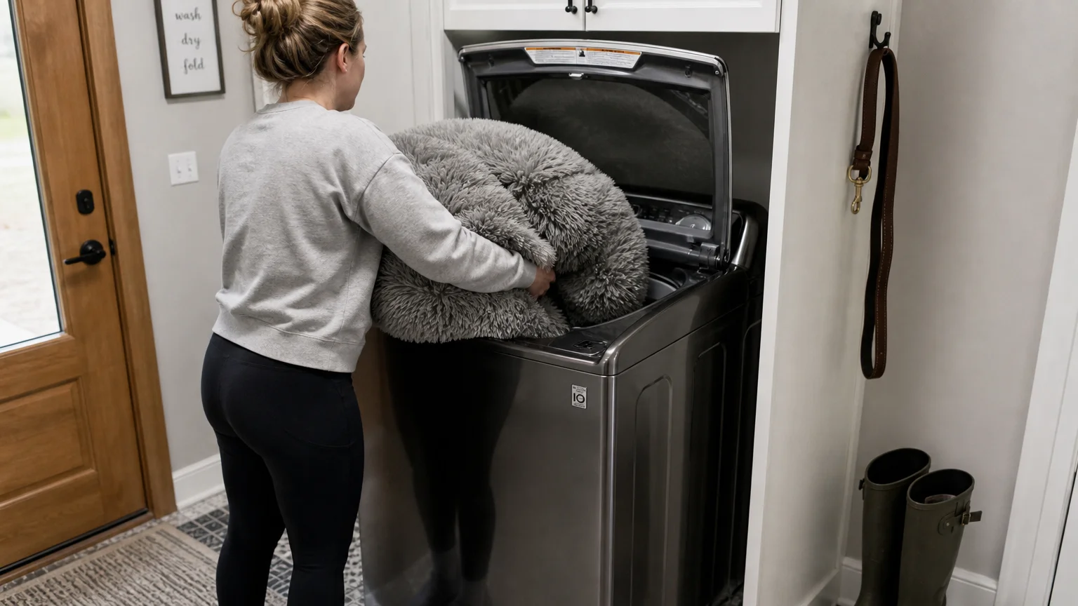 A person placing a large grey fluffy pet bed into a top-loading washing machine.