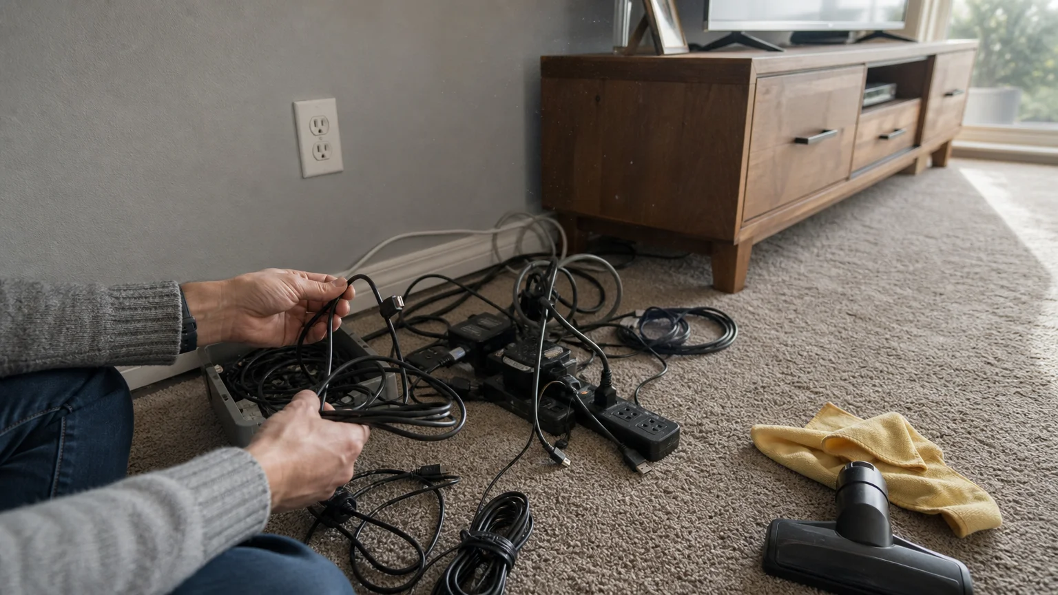 A person's hands sorting and untangling a pile of black cords and electronic cables on the floor behind a wooden cabinet.