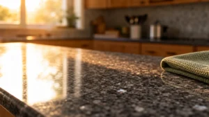 A pristine granite kitchen countertop reflecting soft evening light with a neatly folded green microfiber cloth in the background.