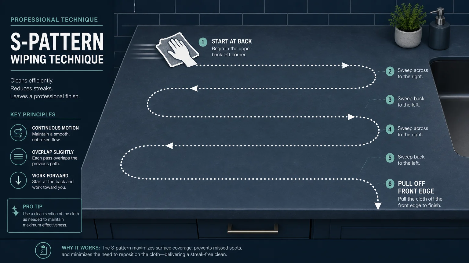 A process diagram showing an S-shaped dotted line with arrows illustrating the correct path for wiping kitchen counters to avoid streaks.