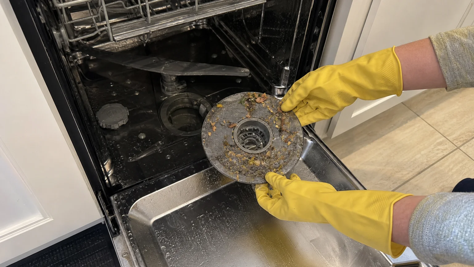 A real-life close-up photo of hands in yellow gloves removing a dirty cylindrical mesh filter from the bottom of an open dishwasher.