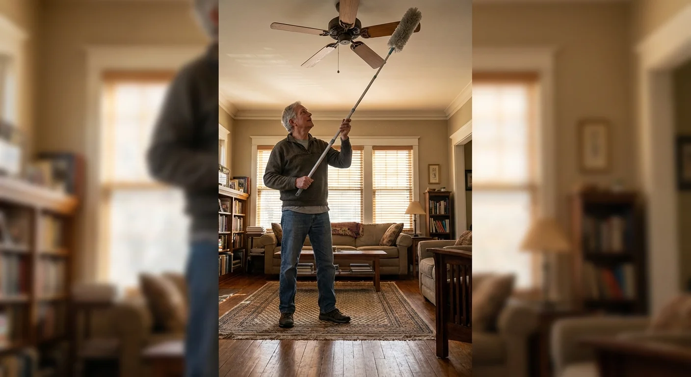 A retired man safely dusting a high ceiling fan from the floor using a long telescoping duster.