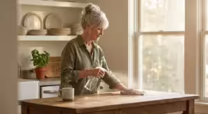 A retired woman happily using a modern fine-mist spray bottle to clean her sunlit kitchen countertop with ease.
