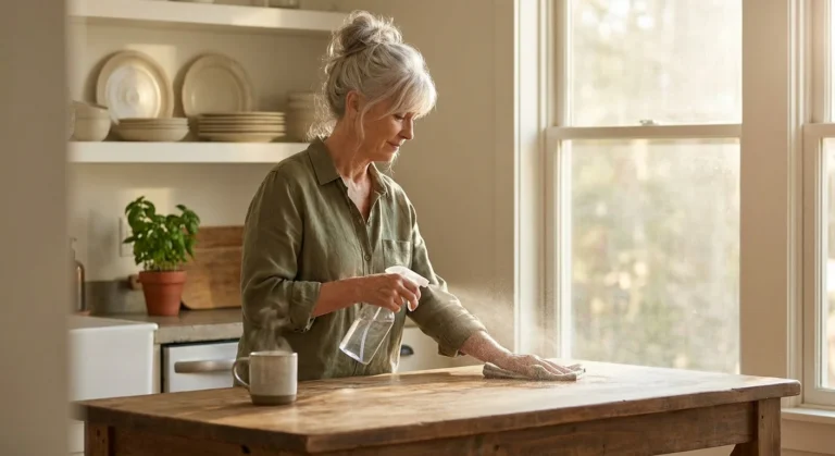 A retired woman happily using a modern fine-mist spray bottle to clean her sunlit kitchen countertop with ease.