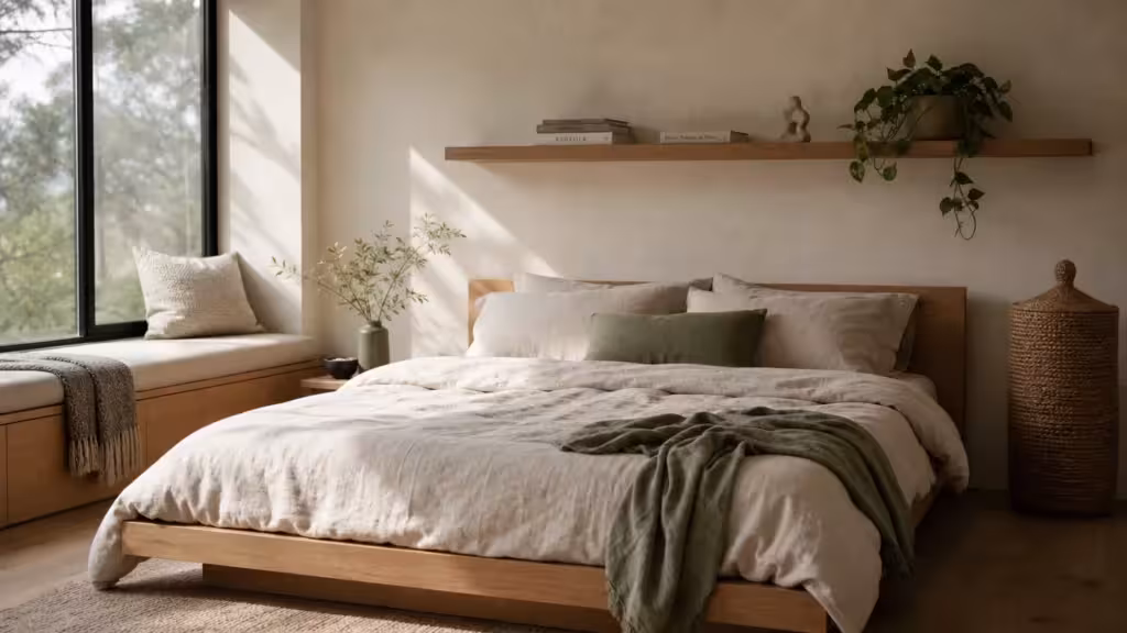 A serene, modern bedroom featuring a low wooden bed, a built-in window seat, a floating shelf, and a woven floor basket in warm afternoon li
