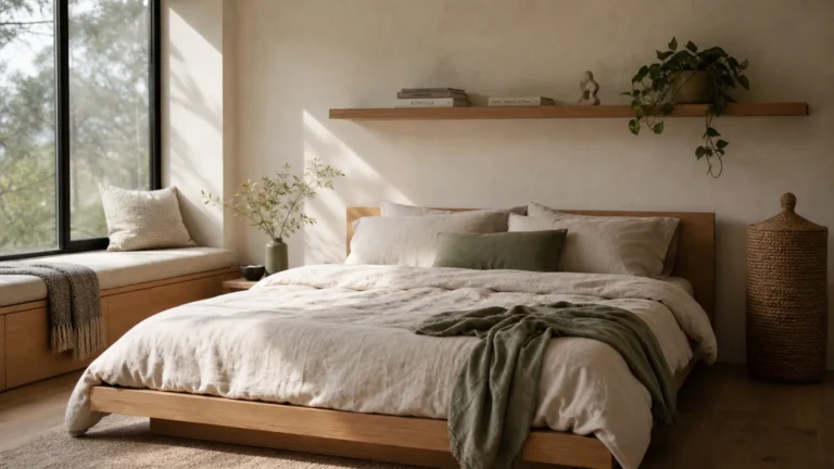 A serene, modern bedroom featuring a low wooden bed, a built-in window seat, a floating shelf, and a woven floor basket in warm afternoon li