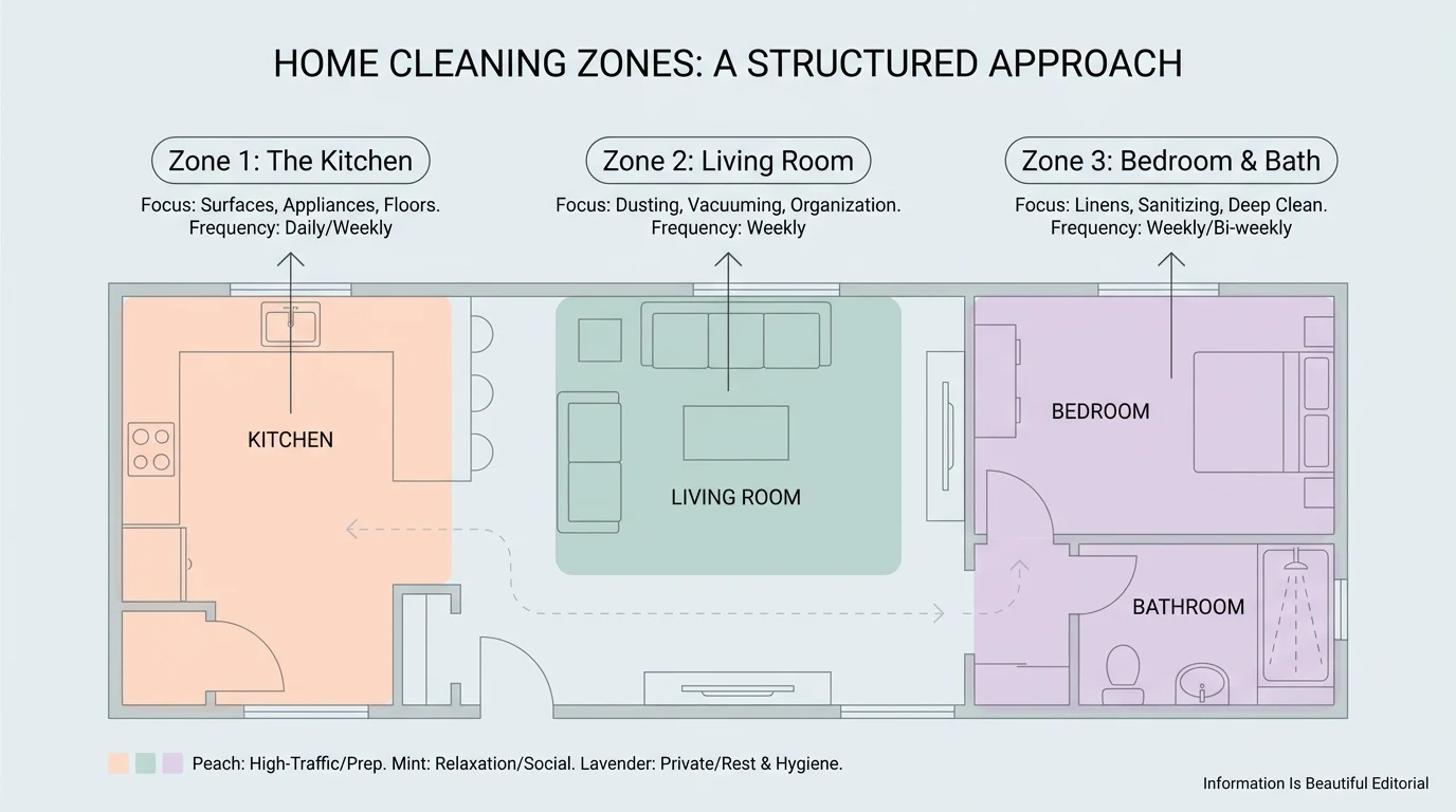 A simplified home floor plan map highlighting different color-coded cleaning zones.