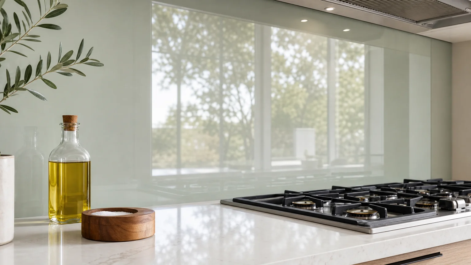 A sleek, pale sage green back-painted glass kitchen backsplash behind a stainless steel stove, reflecting soft window light.