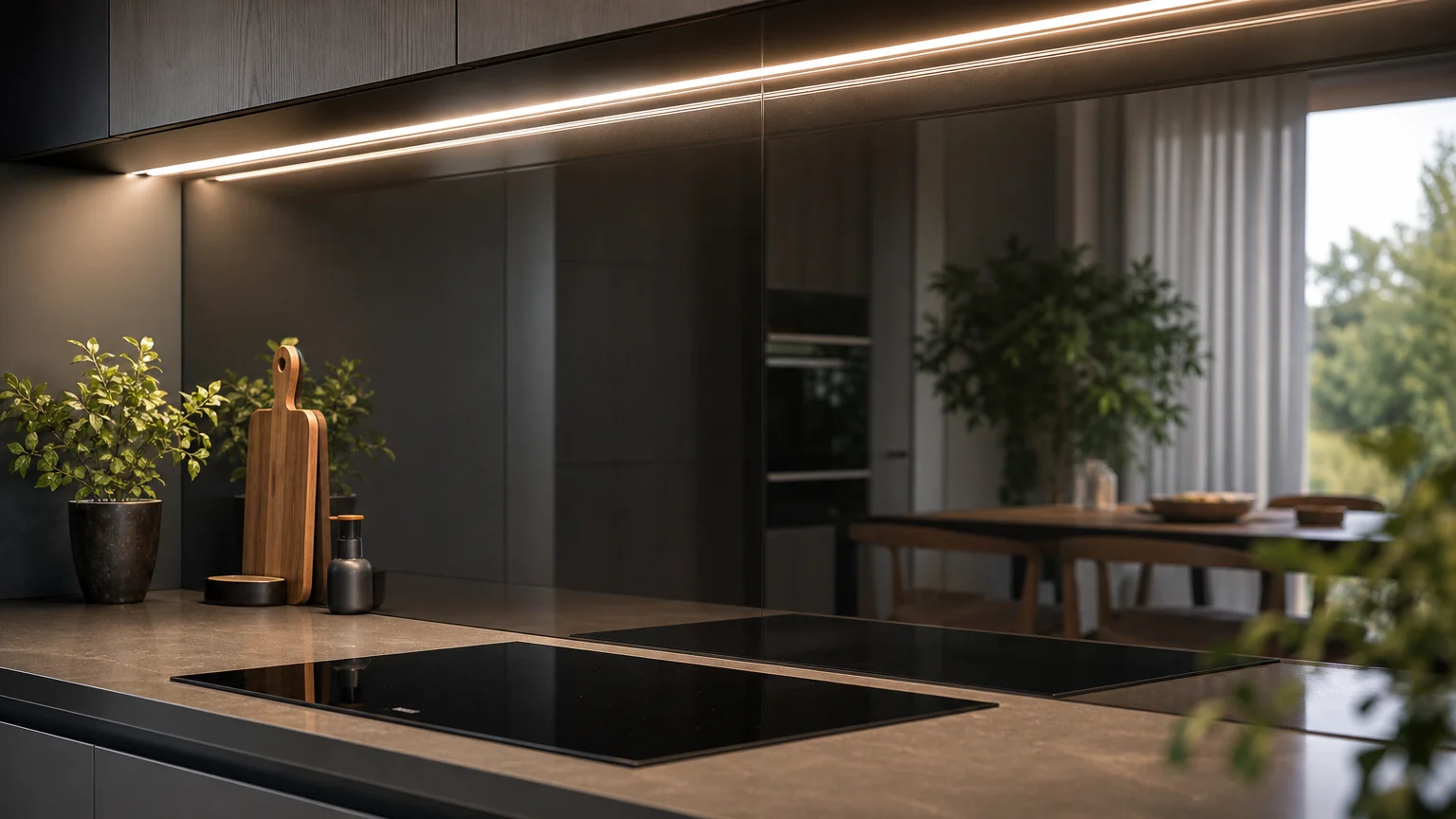 A smoky-grey tempered mirror backsplash reflecting a soft, out-of-focus sunlit dining room behind a clean stovetop.