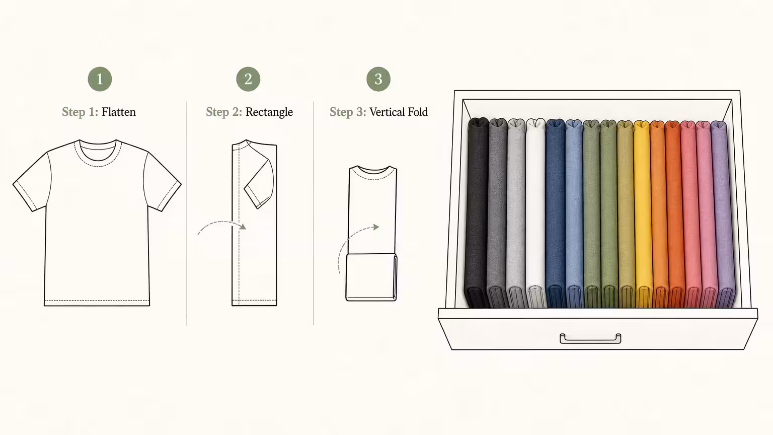 A step-by-step diagram showing how to fold t-shirts vertically so they stand up like files in a drawer.