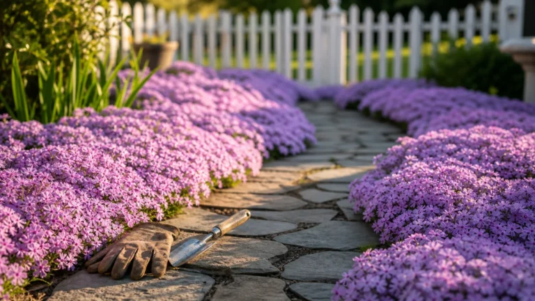 A stone walkway surrounded by a thick, lush carpet of flowering purple ground cover with gardening gloves resting on a stone.