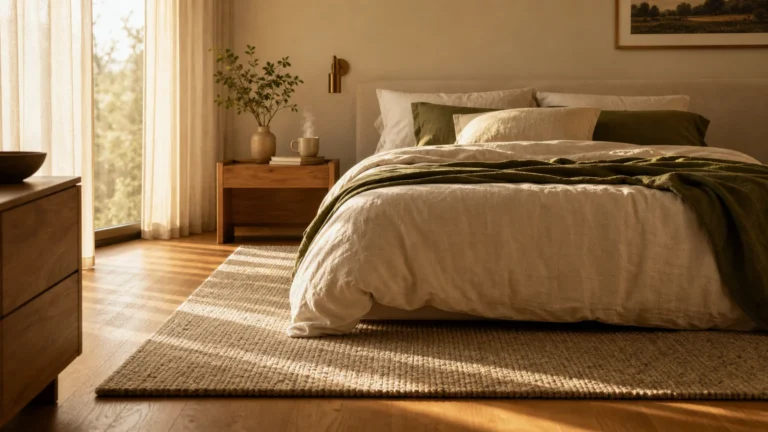 A sunlit bedroom showing a textured beige wool rug perfectly placed under an oak bed frame on hardwood floors.