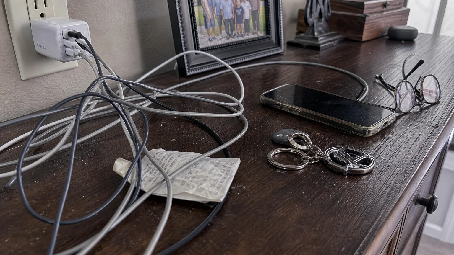 A tangle of electronic charging cables and daily clutter on top of a wooden dresser.