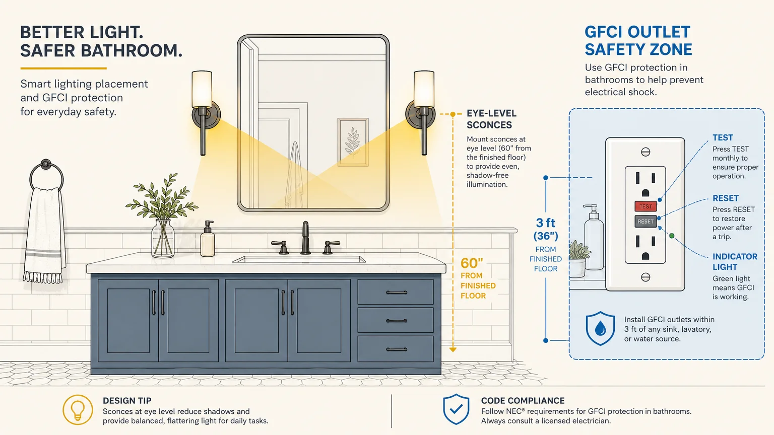 A technical design diagram showing correct eye-level sconce lighting placement and the location of a GFCI safety outlet.
