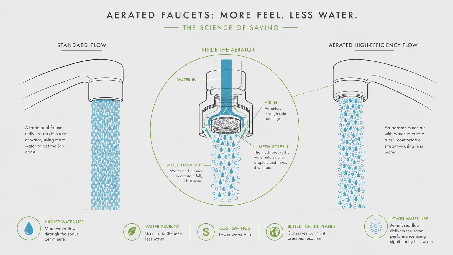 A technical diagram comparing a standard faucet water stream to an aerated water-efficient stream.
