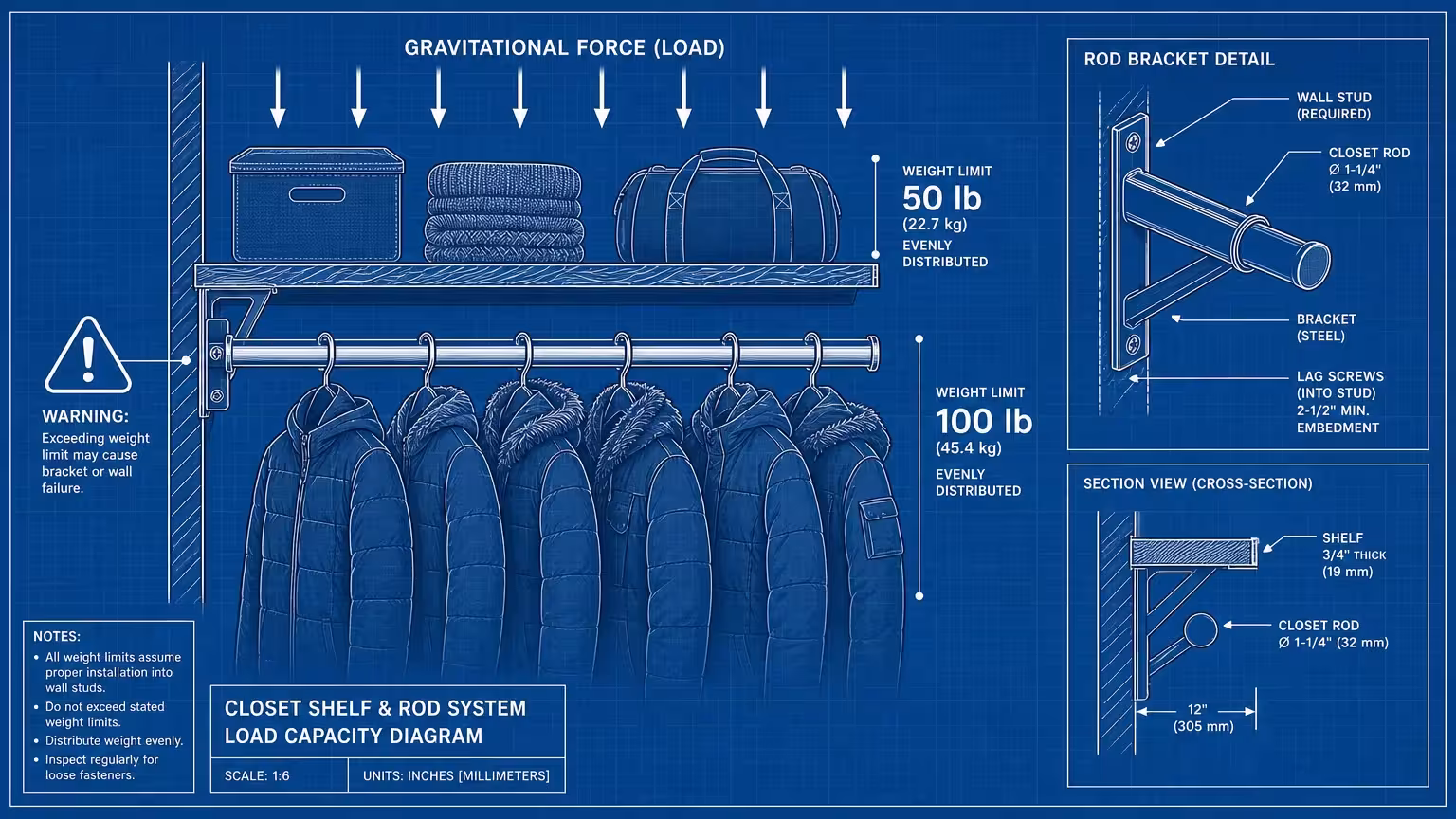 A technical diagram illustrating the downward pressure on closet rods and the importance of weight limits.