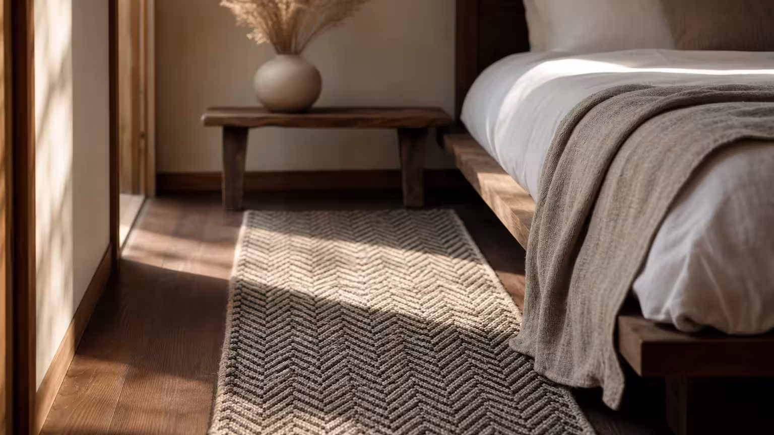 A textured woven runner rug laid parallel to the side of a bed on dark hardwood floors.