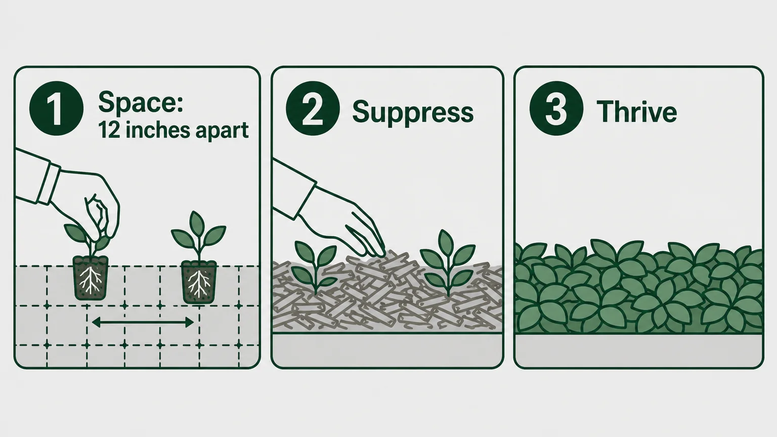 A three-step visual guide showing how to space, plant, and grow ground cover for maximum weed suppression.