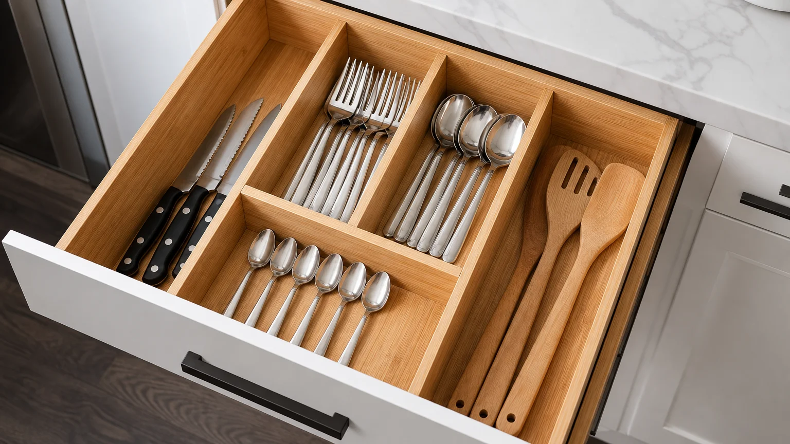 A top-down shot of an organized kitchen drawer divided into compartments with bamboo organizers.