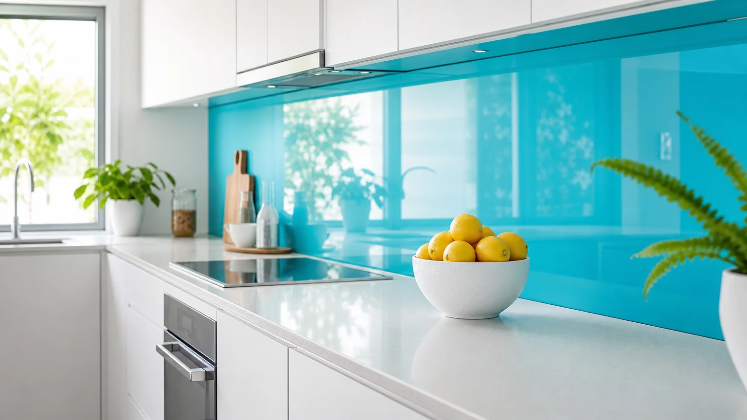A vibrant turquoise acrylic splashback behind a white kitchen counter holding a bowl of fresh yellow lemons.