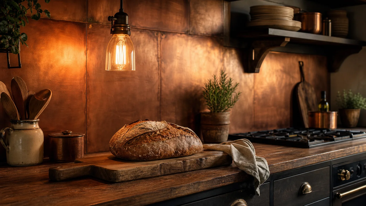 A warm copper sheet backsplash reflecting amber light from an Edison bulb in a rustic kitchen with wood countertops.