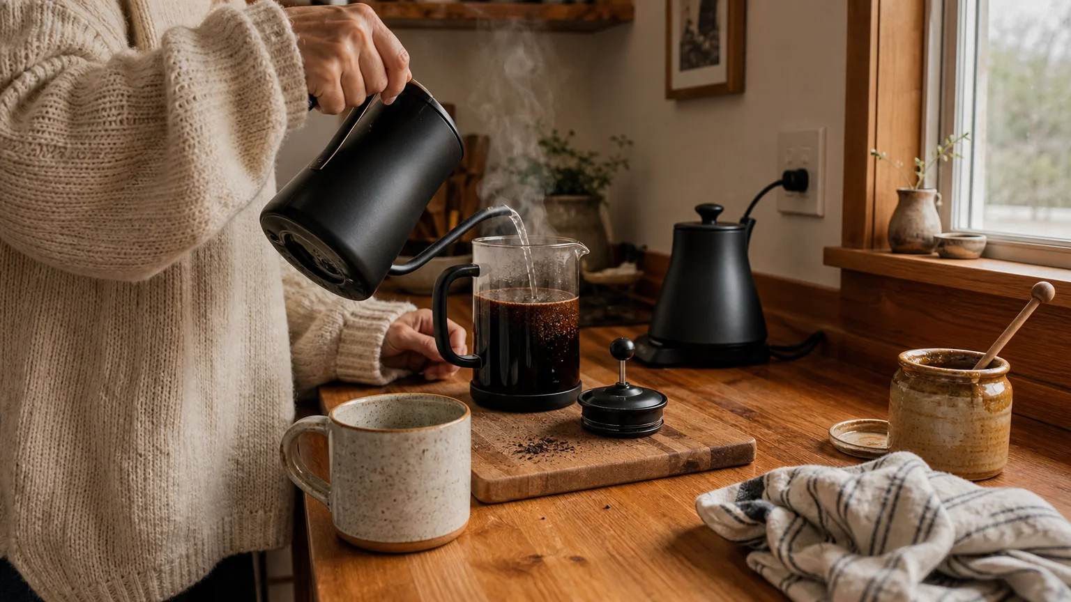 A warm kitchen scene showing hands pouring water from a black electric kettle into a French press during a cozy morning routine.