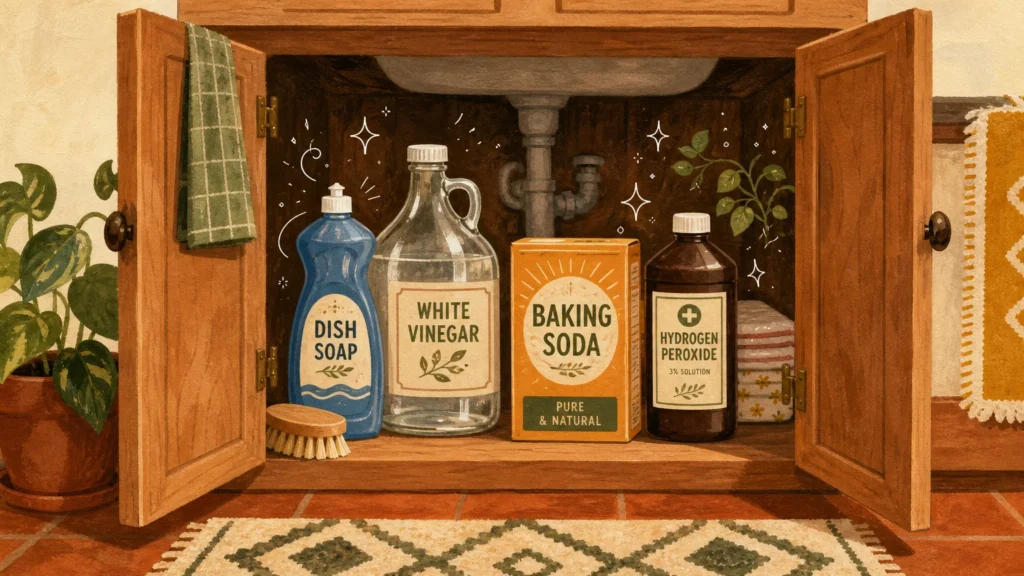 A warm mid-century gouache illustration of an open under-sink cabinet showing bottles of dish soap, white vinegar, and baking soda.