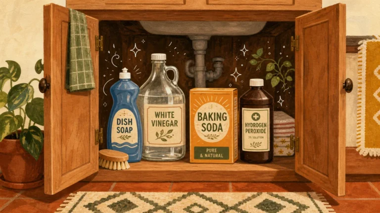 A warm mid-century gouache illustration of an open under-sink cabinet showing bottles of dish soap, white vinegar, and baking soda.