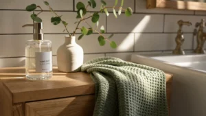 A warm, naturally lit bathroom vanity with an oak counter, a green waffle-weave towel, glass soap bottle, and a fresh eucalyptus branch.