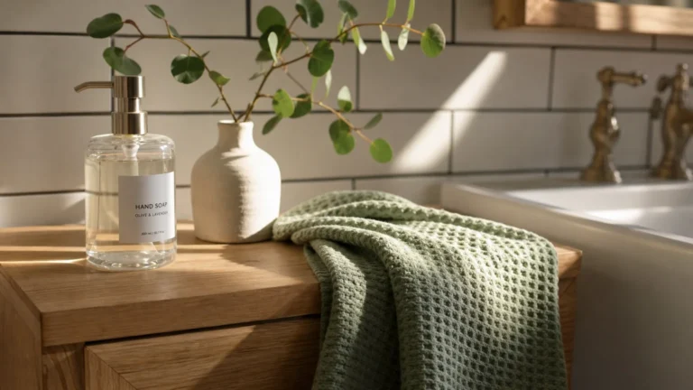A warm, naturally lit bathroom vanity with an oak counter, a green waffle-weave towel, glass soap bottle, and a fresh eucalyptus branch.