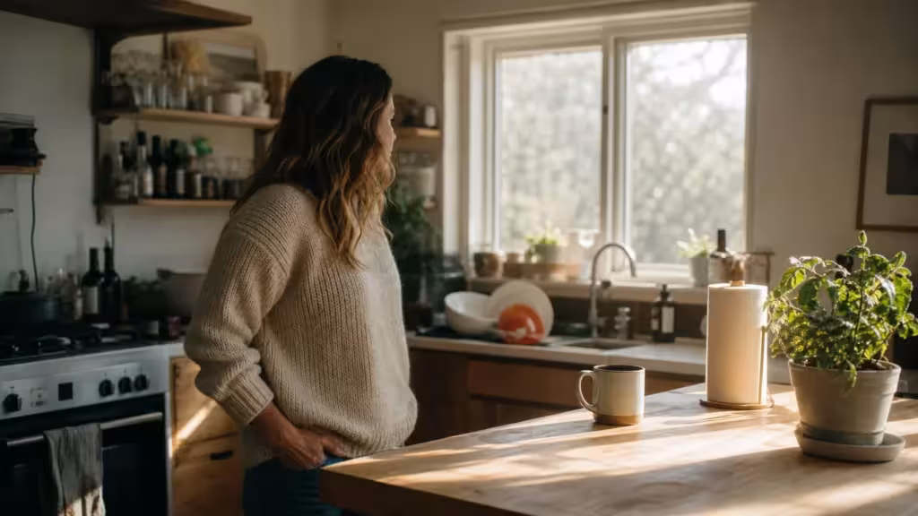 A warm, sunlit kitchen showing a woman standing near a wooden island, capturing a realistic home environment before cleaning.