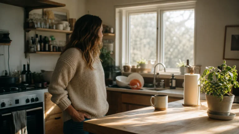 A warm, sunlit kitchen showing a woman standing near a wooden island, capturing a realistic home environment before cleaning.