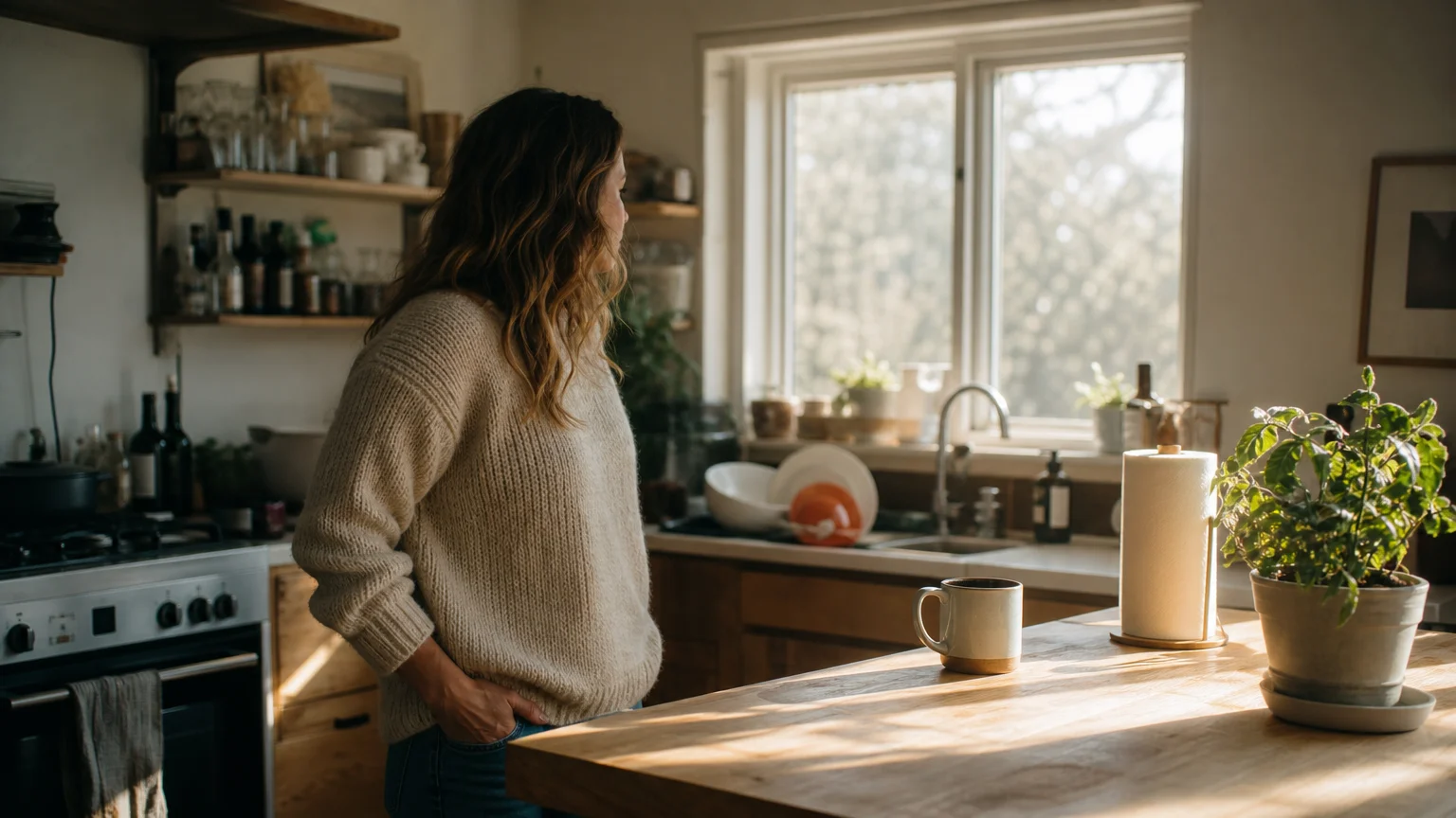 A warm, sunlit kitchen showing a woman standing near a wooden island, capturing a realistic home environment before cleaning.