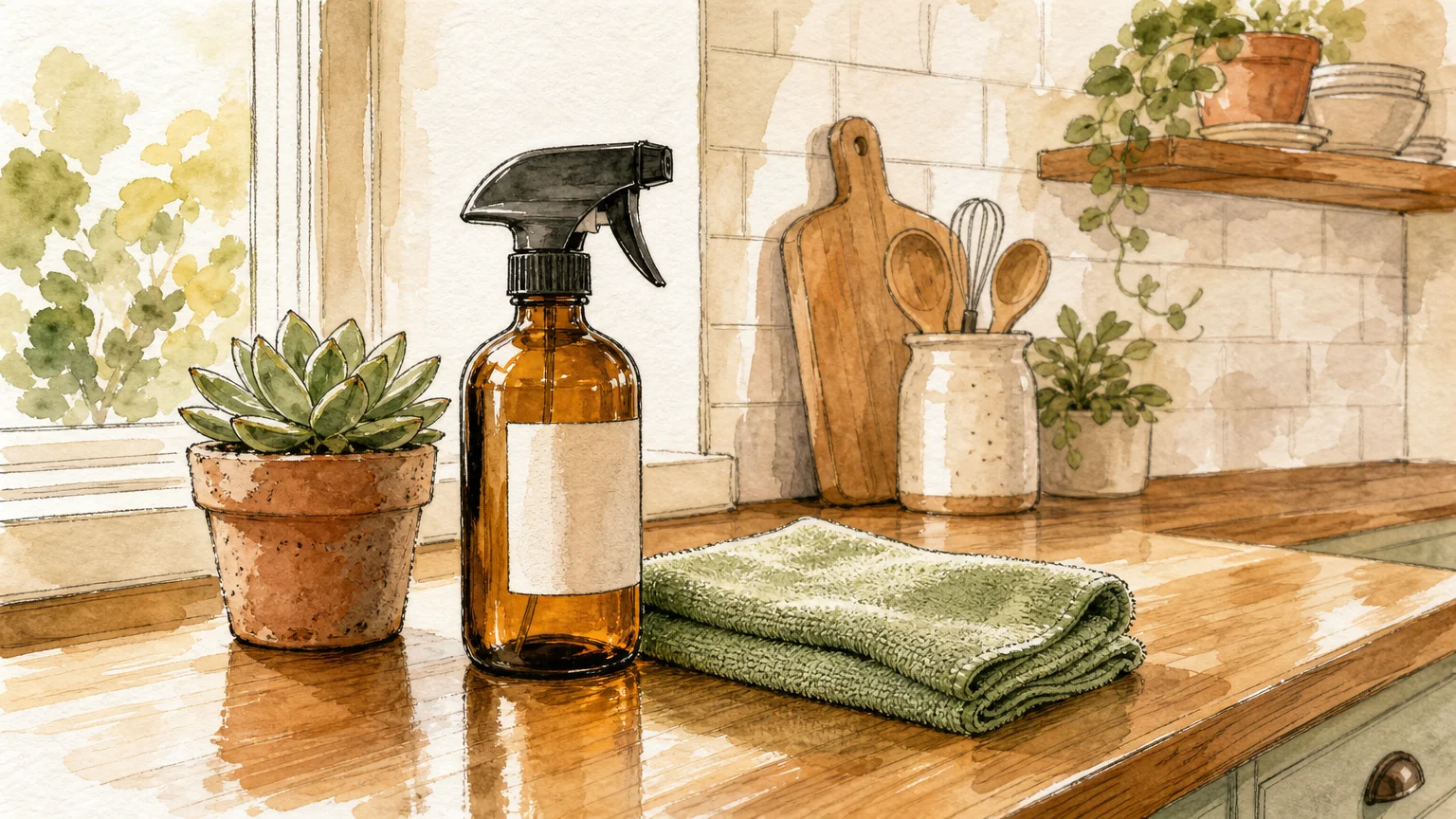 A warm watercolor illustration of an amber spray bottle and a folded green microfiber cloth sitting neatly on a polished counter.