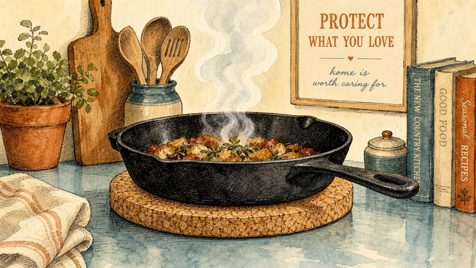 A watercolor illustration of a hot cast-iron skillet resting safely on a round cork trivet on a polished kitchen counter.