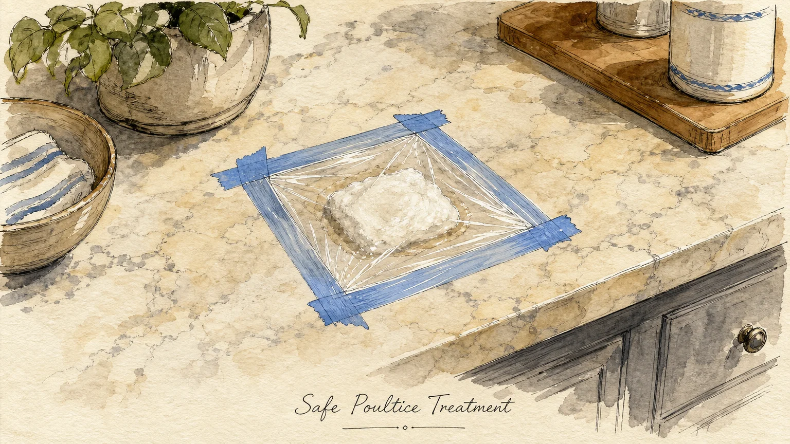 A watercolor illustration of a kitchen counter with a small spot covered in plastic wrap and blue tape for a stain-removing poultice.