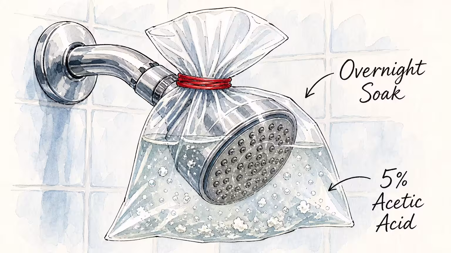 A watercolor illustration of a showerhead soaking in a plastic bag of vinegar.