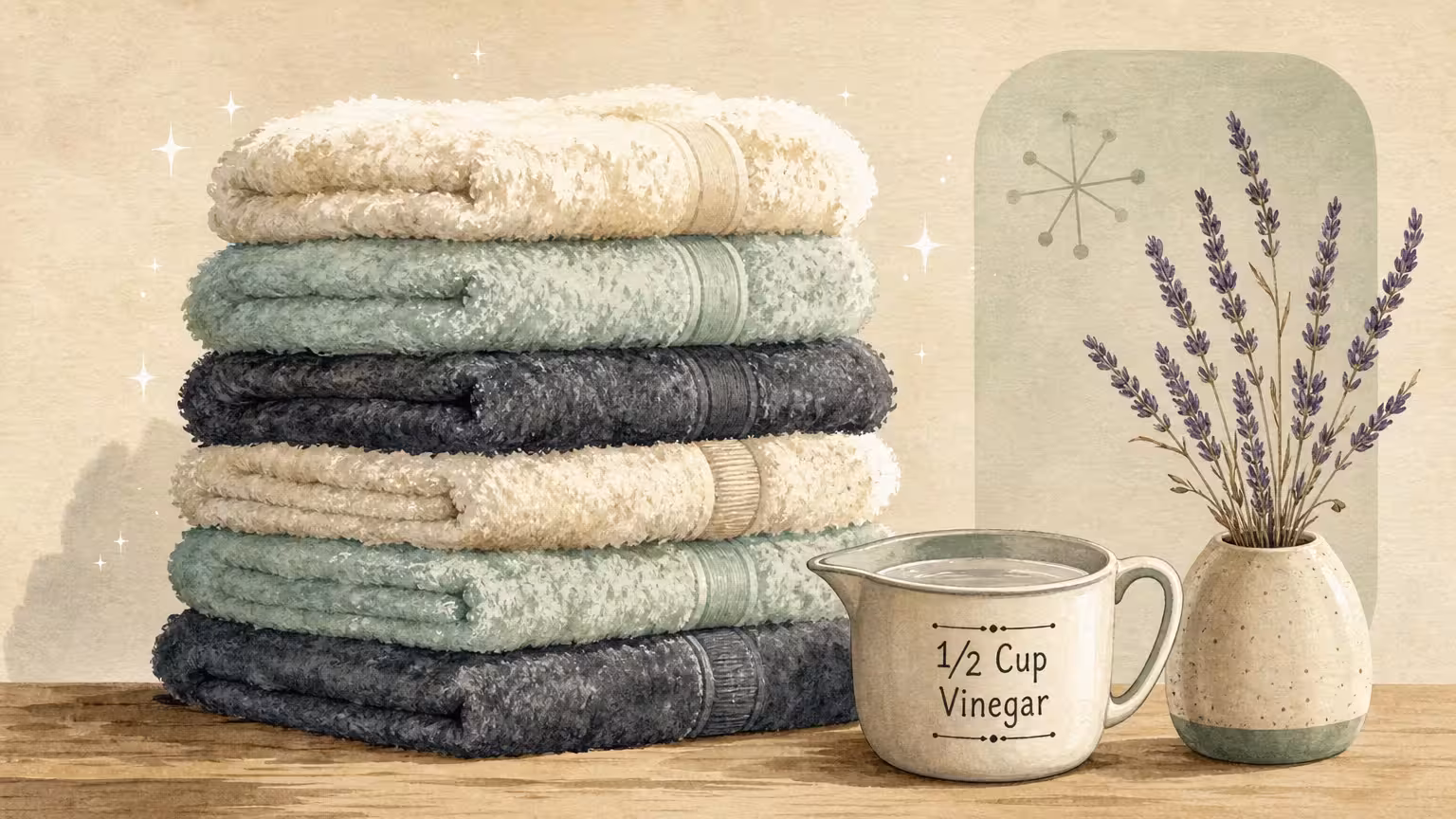A watercolor painting of a stack of fluffy towels next to a small cup of vinegar.