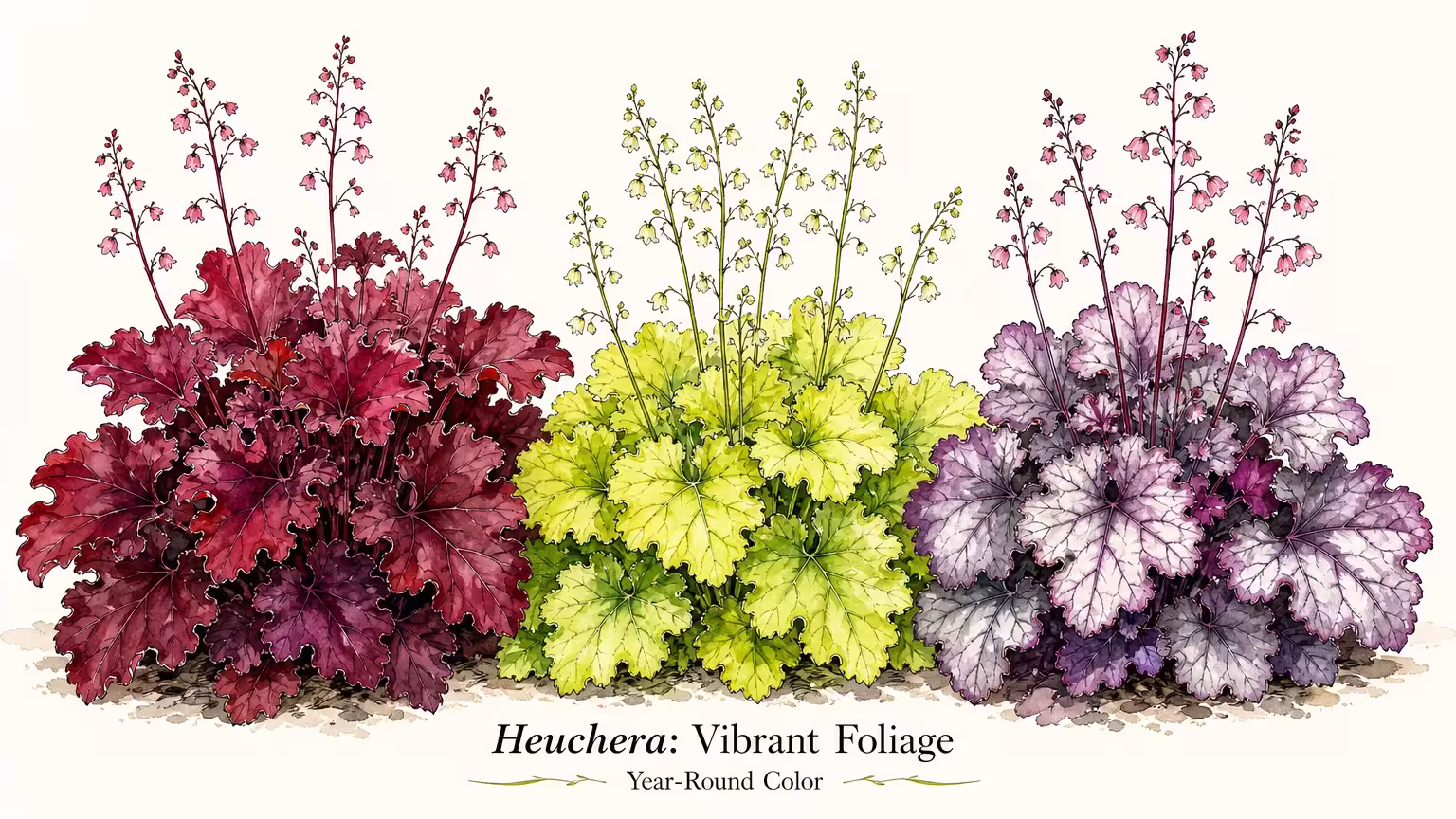 A watercolor study of three different colored coral bell plants: purple, lime, and silver.