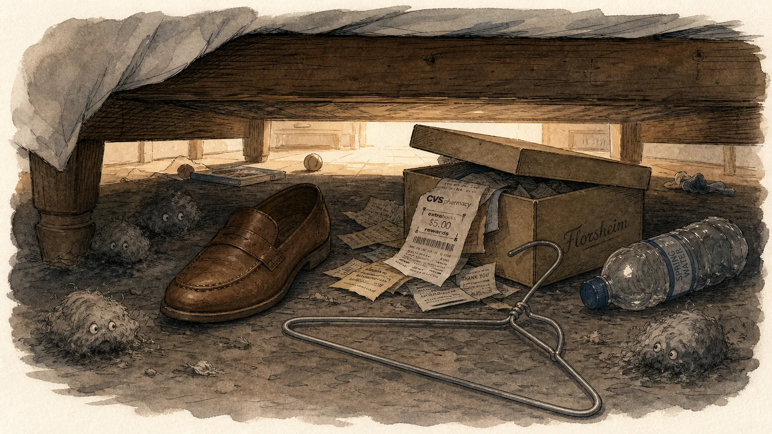 A whimsical illustration of forgotten shoes, boxes, and dust bunnies hidden under a bed.