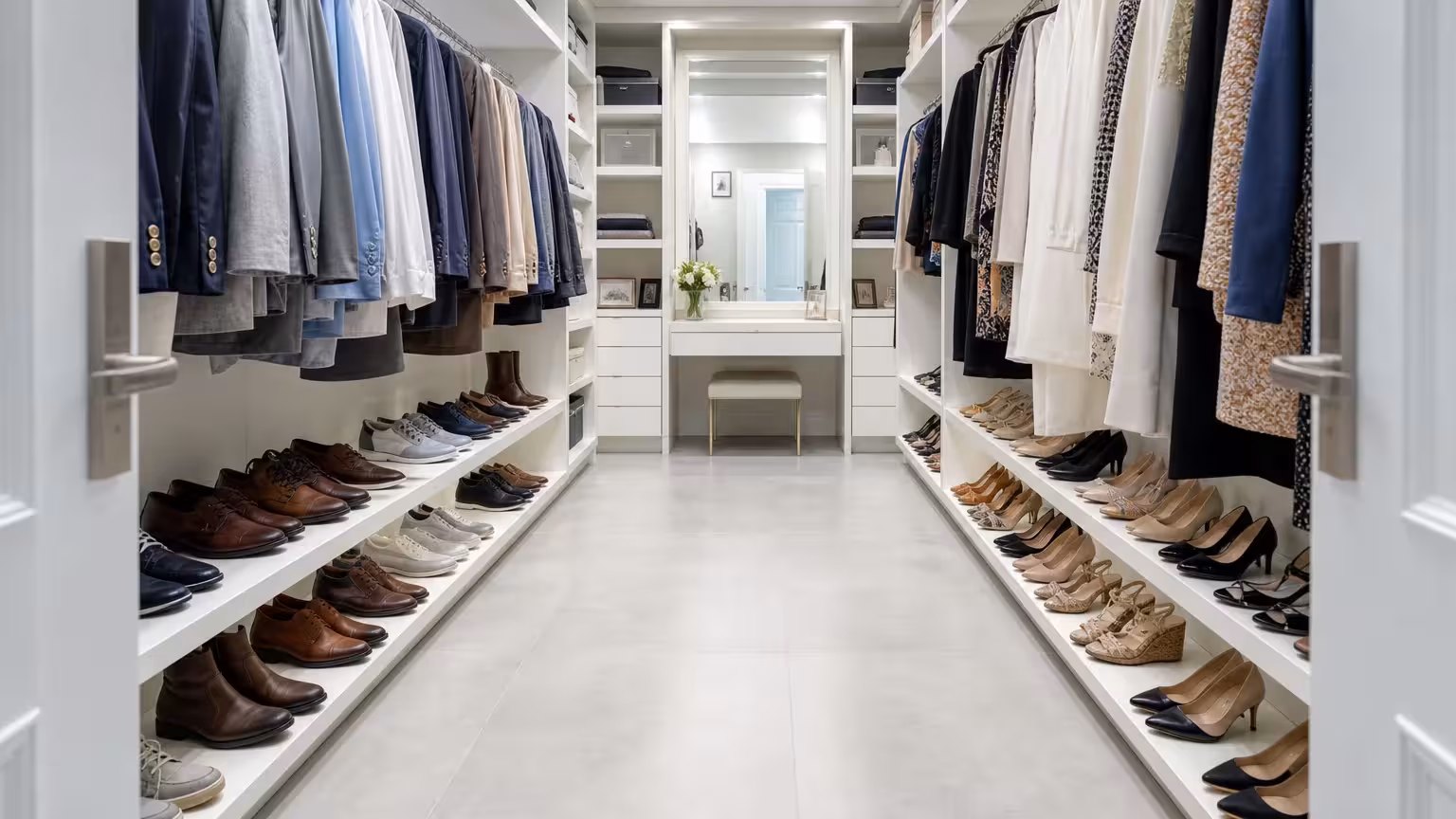 A wide view of a closet with a completely clear, safe floor and organized storage on the sides.