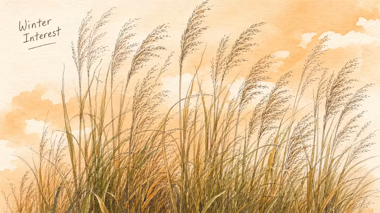 A wispy watercolor painting of tall switchgrass blowing in the wind during sunset.