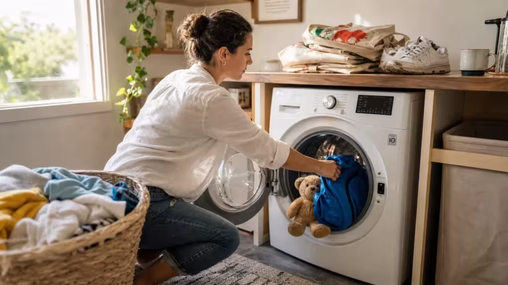 A woman loading a backpack and teddy bear into a washing machine in a sunlit, realistic laundry room.