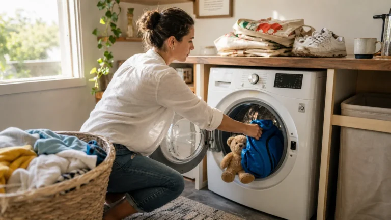 A woman loading a backpack and teddy bear into a washing machine in a sunlit, realistic laundry room.
