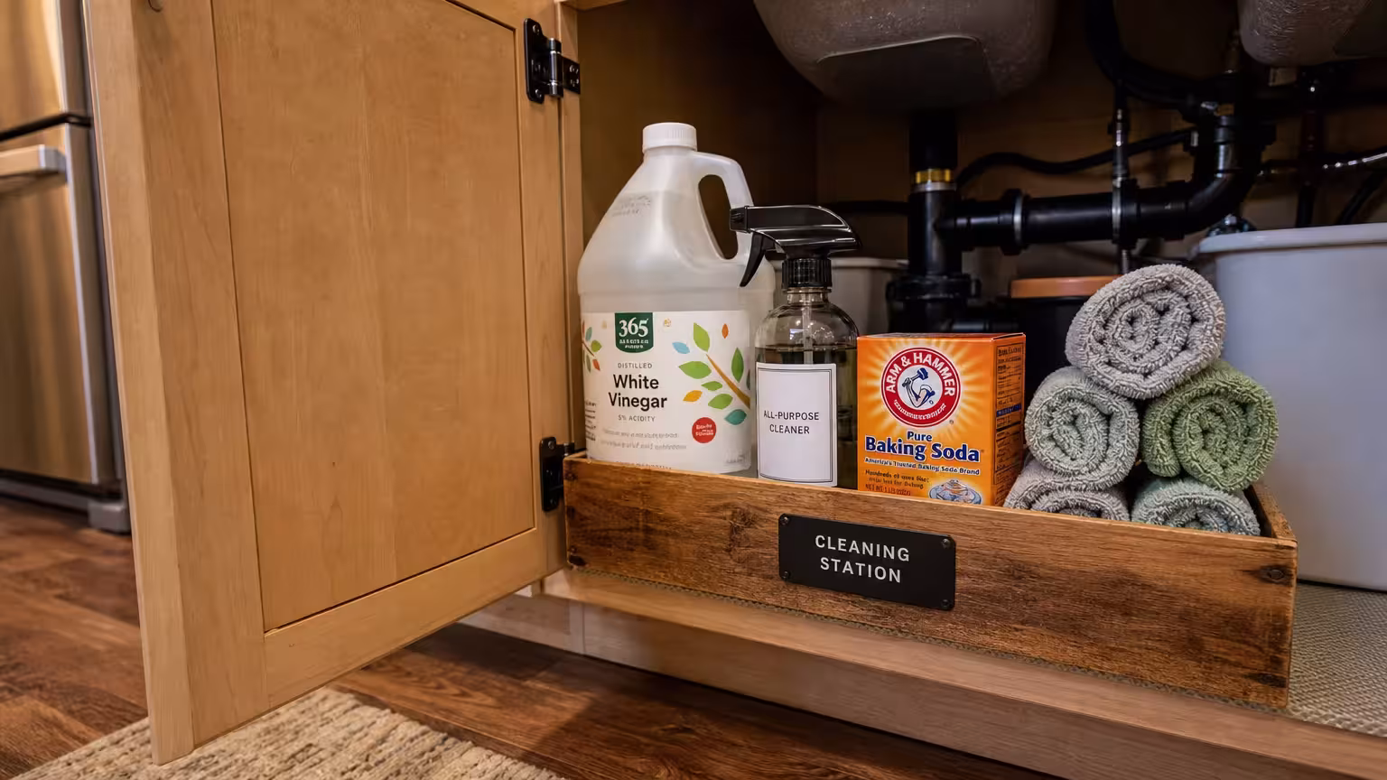 A wooden cleaning caddy under a sink containing vinegar, a spray bottle, and cloths.