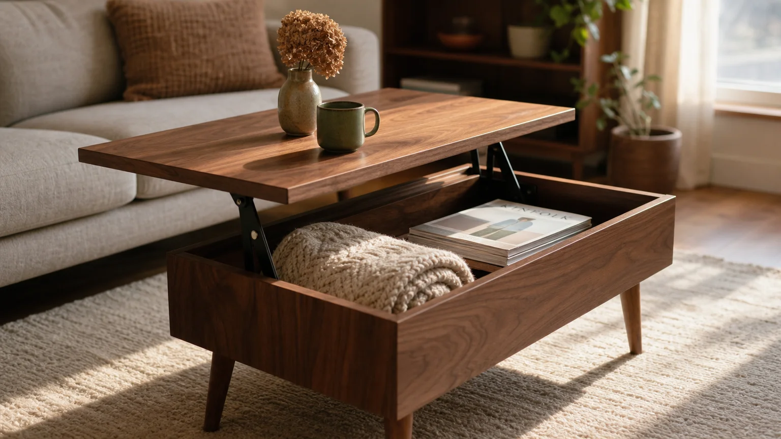 A wooden coffee table with a lifted top mechanism, revealing hidden storage inside.