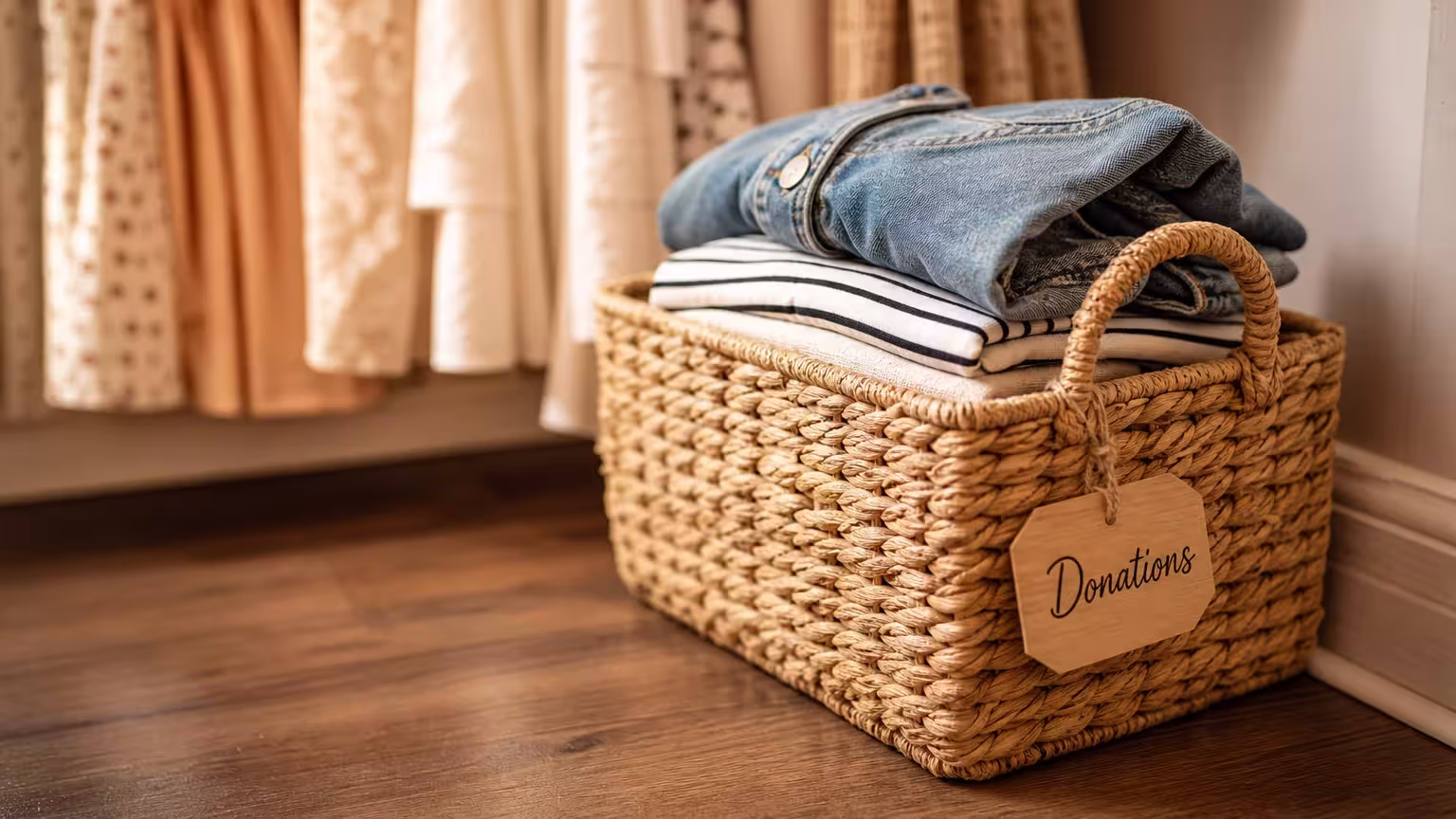A woven basket on a closet floor filled with folded clothes and labeled with a 'Donations' tag.